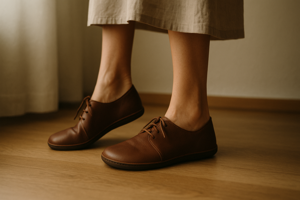 Artículos útiles close-up of women's feet, one standing on tiptoes and the other flat, both wearing wide barefoot leather shoes on a wood