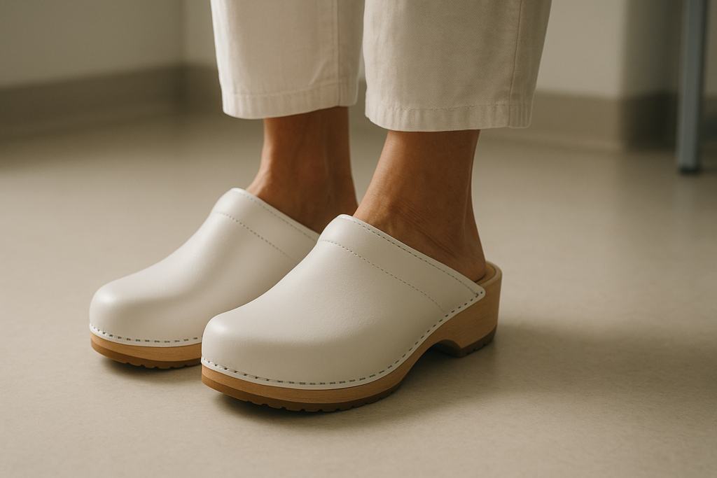Artículos útiles close-up of adult feet standing in professional white leather clogs with anatomical footbed, on a light clinic floor; no