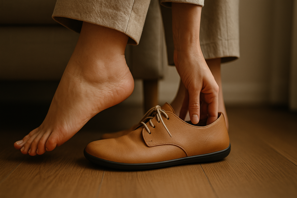 Artículos útiles close-up of a woman's feet slipping out of wide, natural leather barefoot shoes after a long workday, standing on a wood