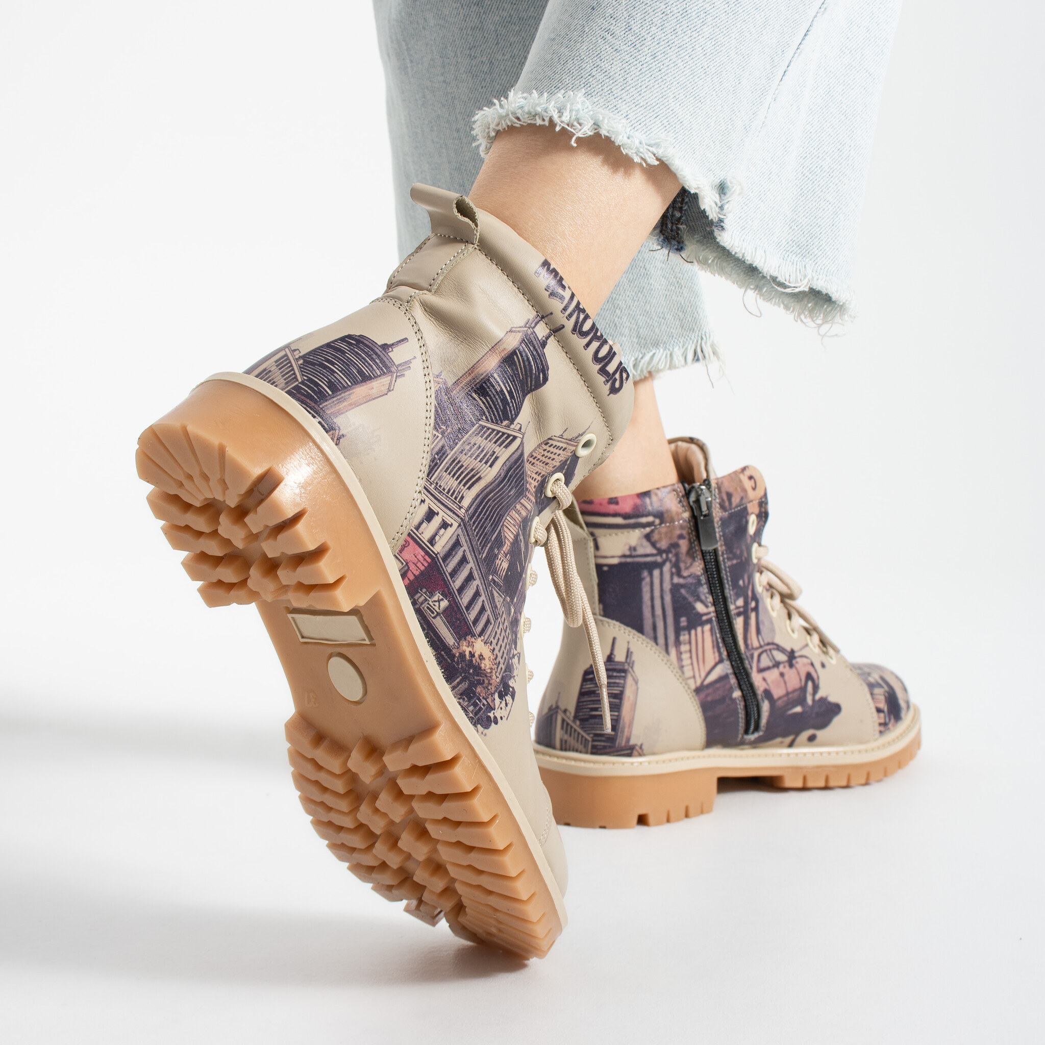 Botas de mujer de piel con estampado colorido Botines de mujer 5 TSL Memory Rebel Metropoli - Beige, Multicolor - Piel