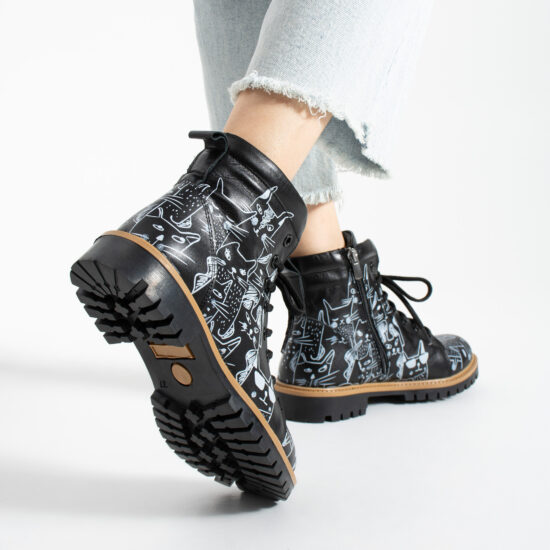 Botas de mujer de piel con estampado colorido Botines de mujer 13 TSL Memory Rebel Whiskers - Negro - Piel