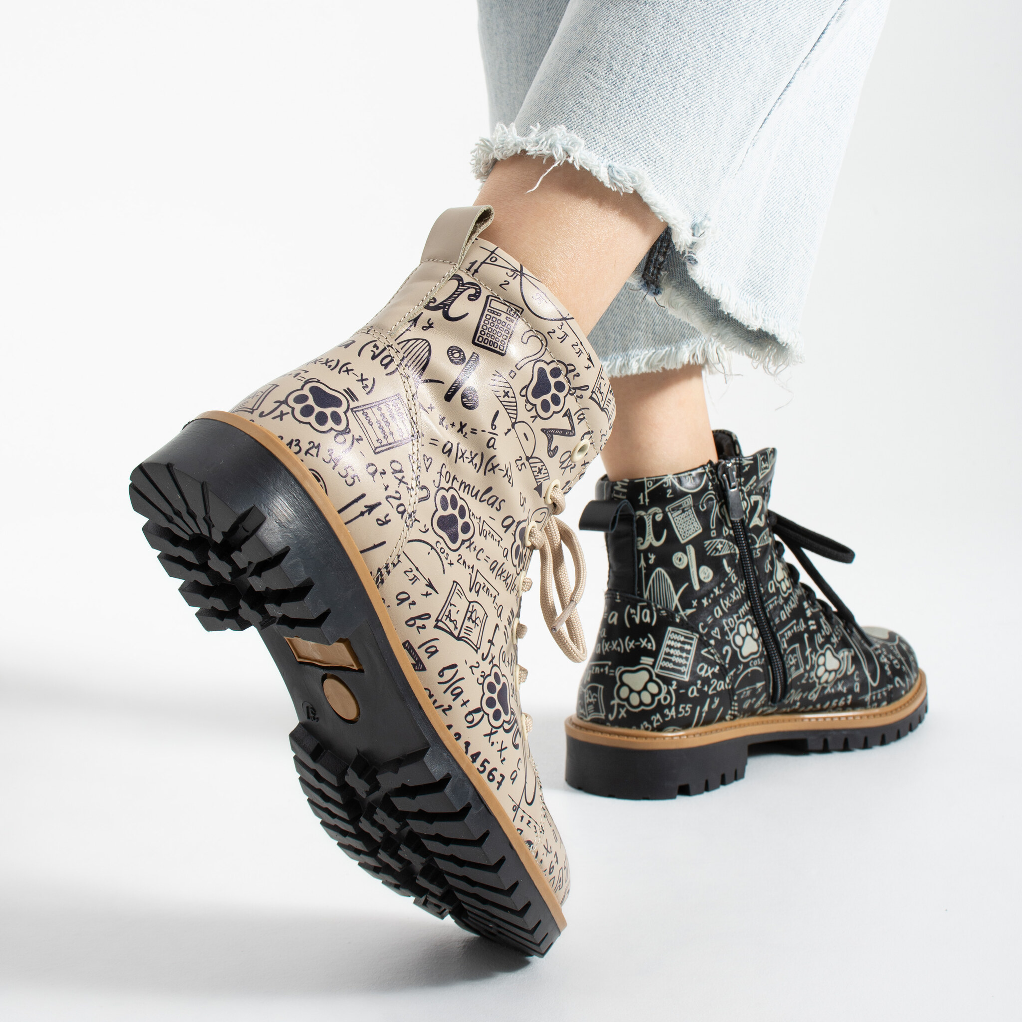 Botas de mujer de piel con estampado colorido Botines de mujer 5 TSL Memory Rebel Theory - Beige, Negro - Piel
