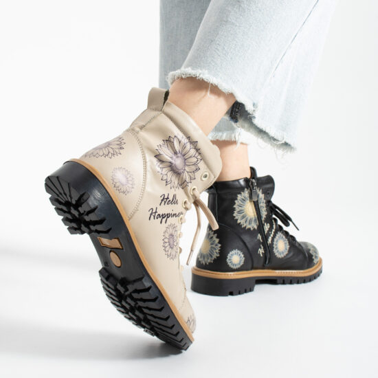 Botas de mujer de piel con estampado colorido Botines de mujer 12 TSL Memory Rebel Bloom - Beige, Negro - Piel
