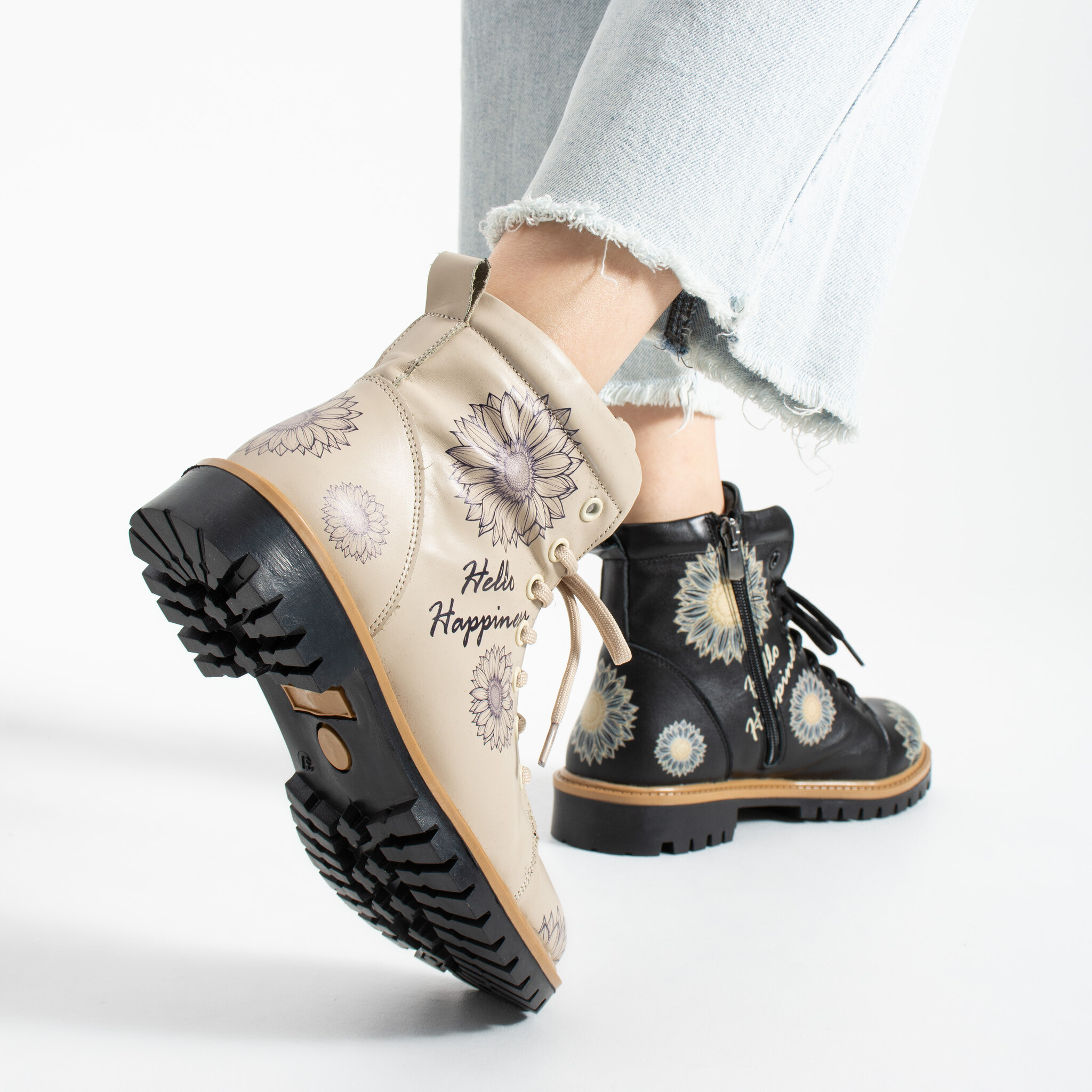 Botas de mujer de piel con estampado colorido Botines de mujer 5 TSL Memory Rebel Bloom - Beige, Negro - Piel