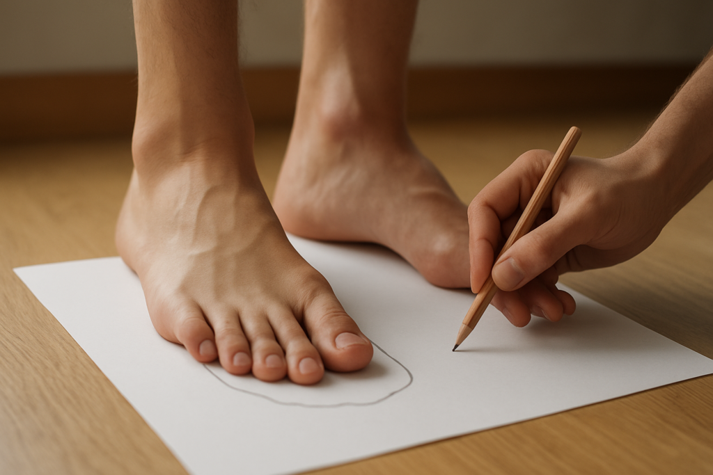 close-up of adult feet standing on a sheet of white paper, one foot being outlined with a pencil; only the feet, hands,