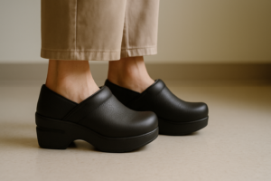 close-up of adult feet wearing ergonomic platform work clogs, standing on a clinical or work environment floor, highligh