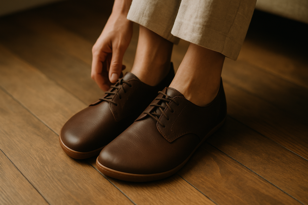 Artículos útiles close-up of a woman's feet with naturally wide toes, trying on barefoot leather shoes with a wide toe box on a wooden fl