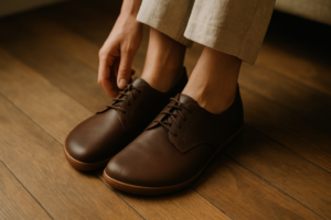 close-up of a woman's feet with naturally wide toes, trying on barefoot leather shoes with a wide toe box on a wooden fl
