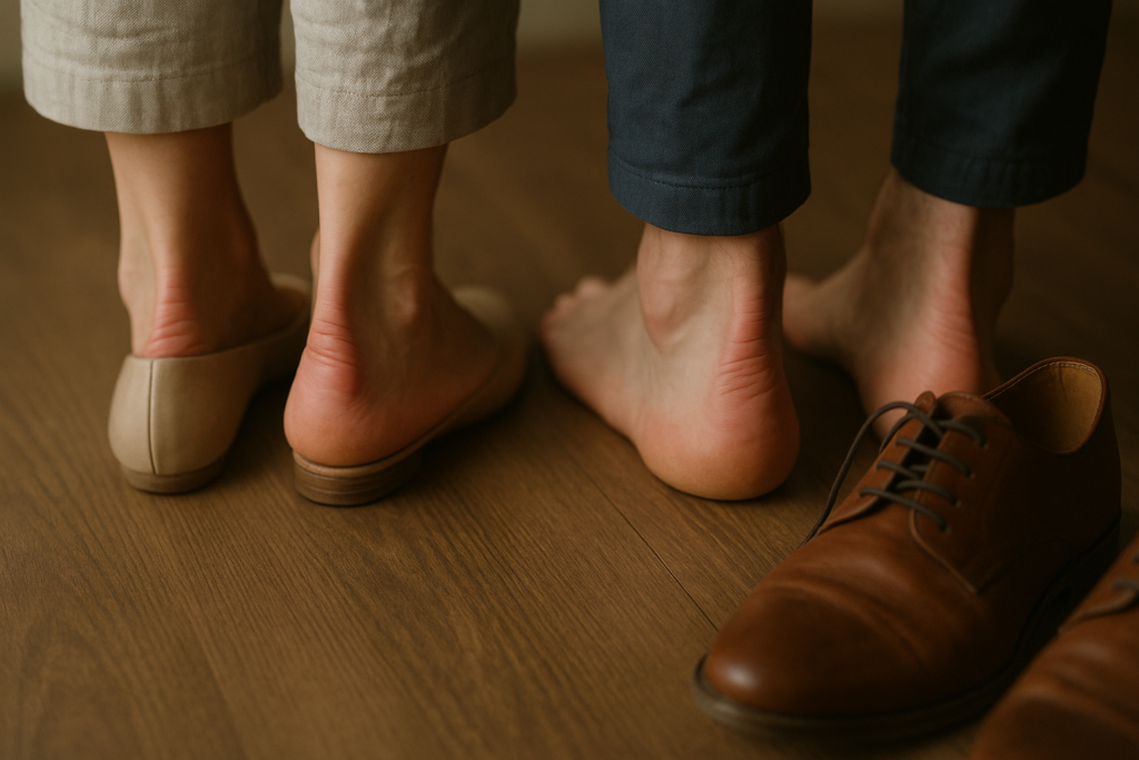 close-up of a woman's and a man's feet showing red and irritated heels after wearing tight shoes, with a pair of shoes n