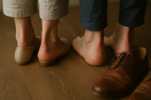 close-up of a woman's and a man's feet showing red and irritated heels after wearing tight shoes, with a pair of shoes n